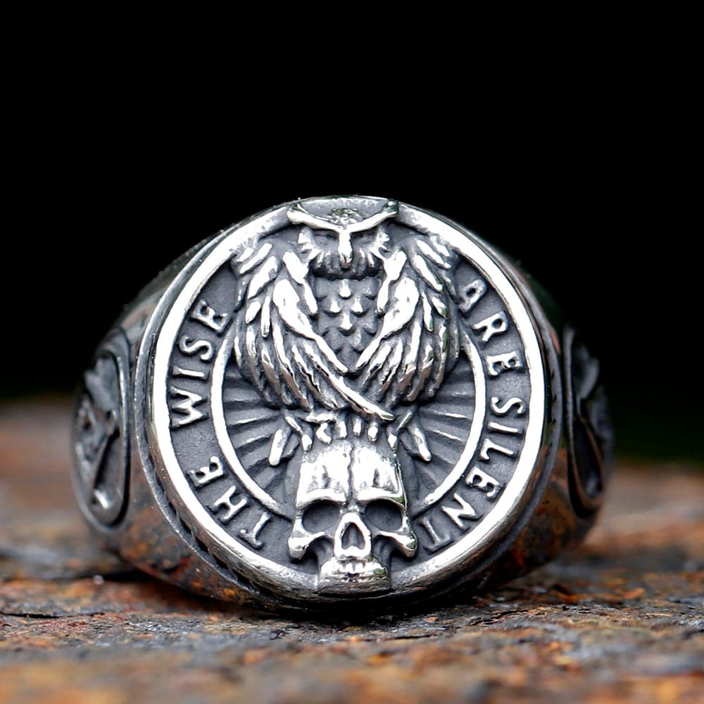 Gothic Viking Masonic Owl Skull Stainless Steel Ring