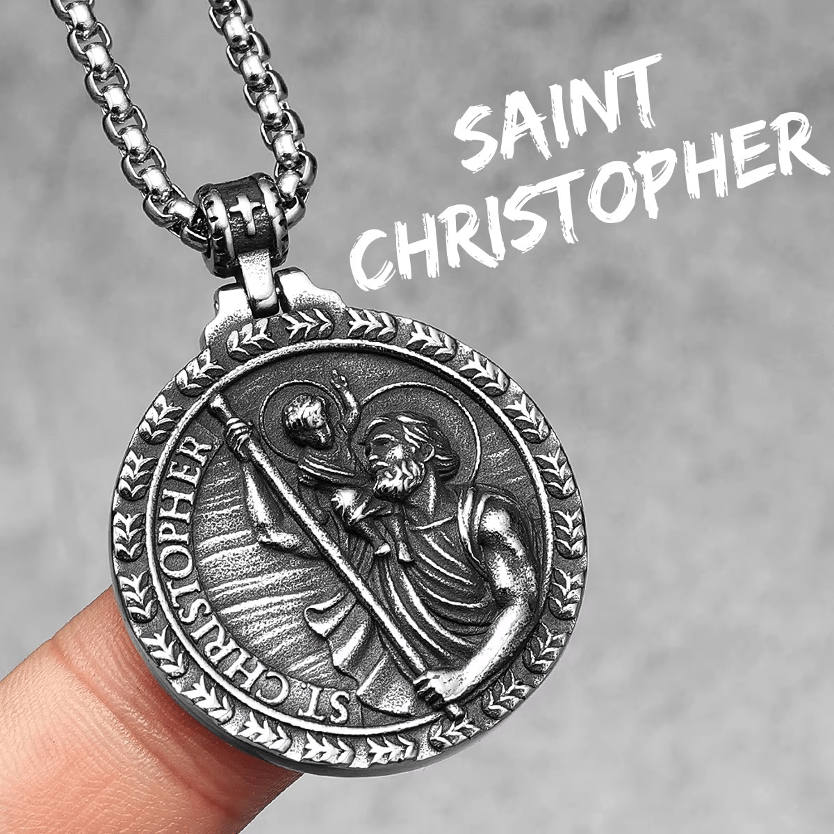 St. Christopher medal pendant necklace worn by a person, illustrating its size and fit.