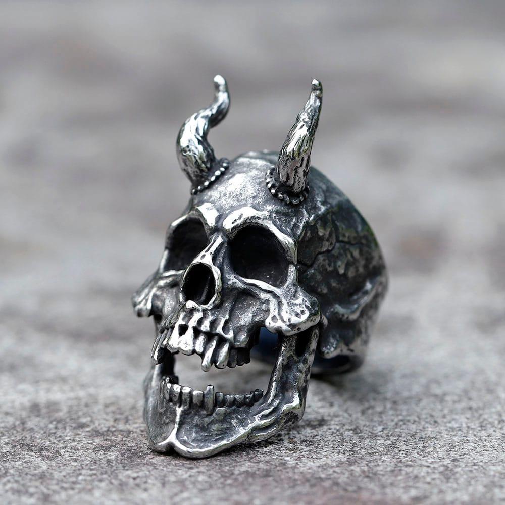 Front three-quarter view of horned demon skull ring in 316L stainless steel