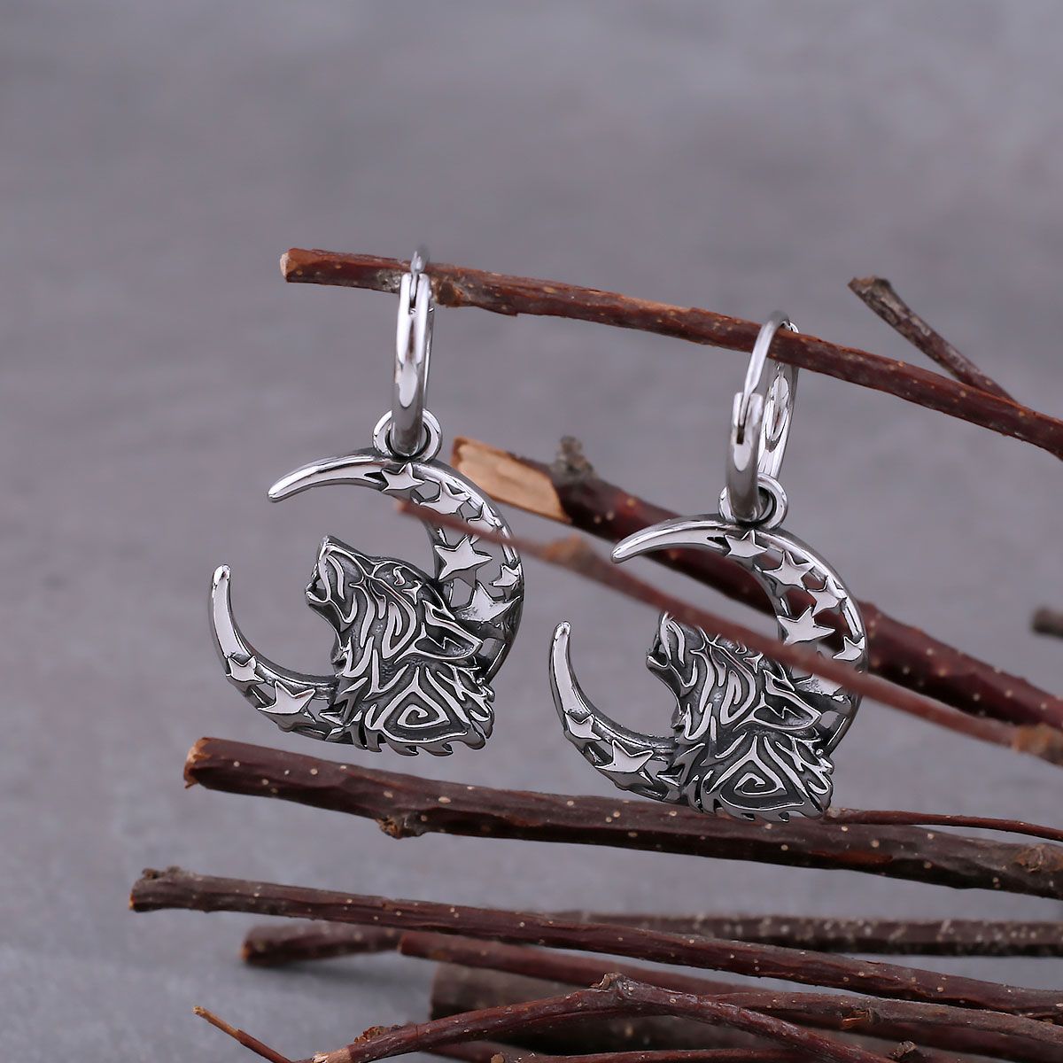 Norse Wolf Crescent Moon Stainless Steel Drop Earrings