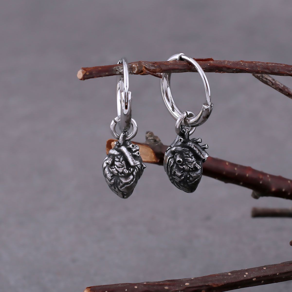 Gothic Anatomical Heart Stainless Steel Drop Earrings