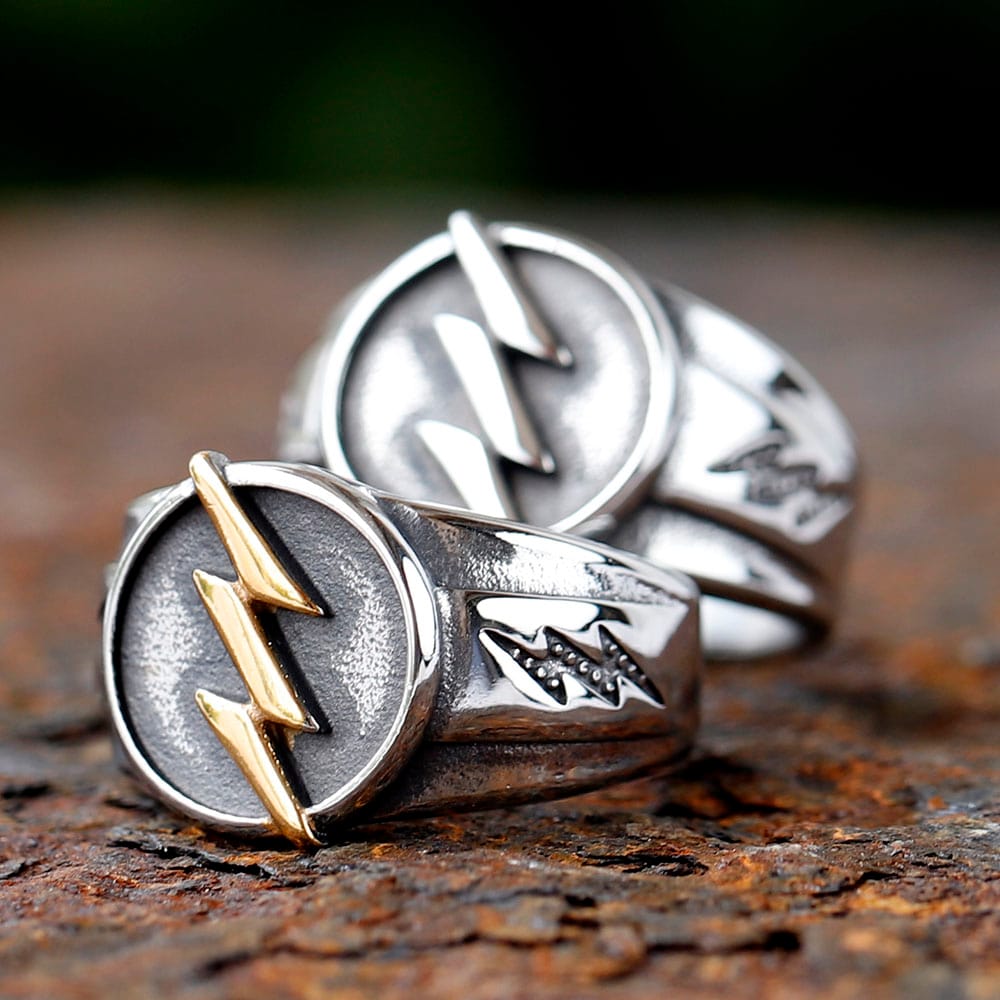 Overhead view of the Men's Stainless Steel Golden Lightning Bolt ring