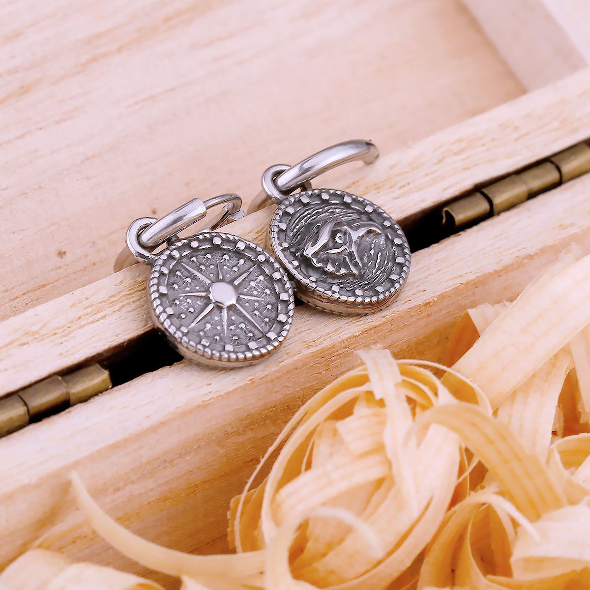 Men's Stainless Steel Viking Eagle & Compass Dangle Earrings