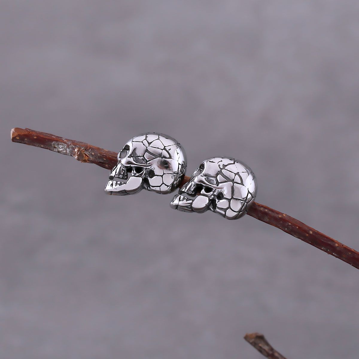 Gothic Cracked Skull Stainless Steel Stud Earrings