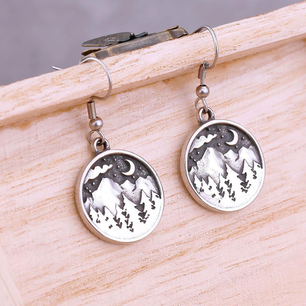 Men's Stainless Steel Mountain Forest Moon Drop Earrings