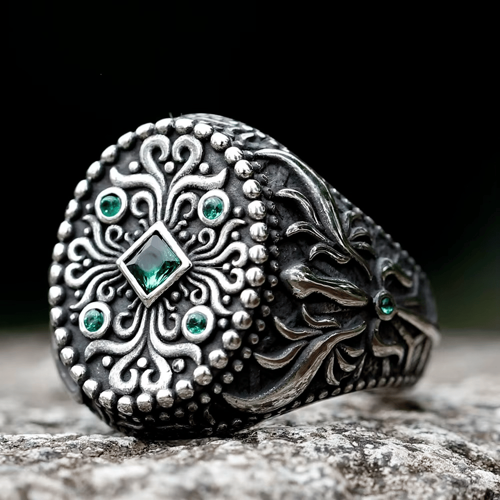 Men's Stainless Steel Ornate Vintage Green Stone Ring