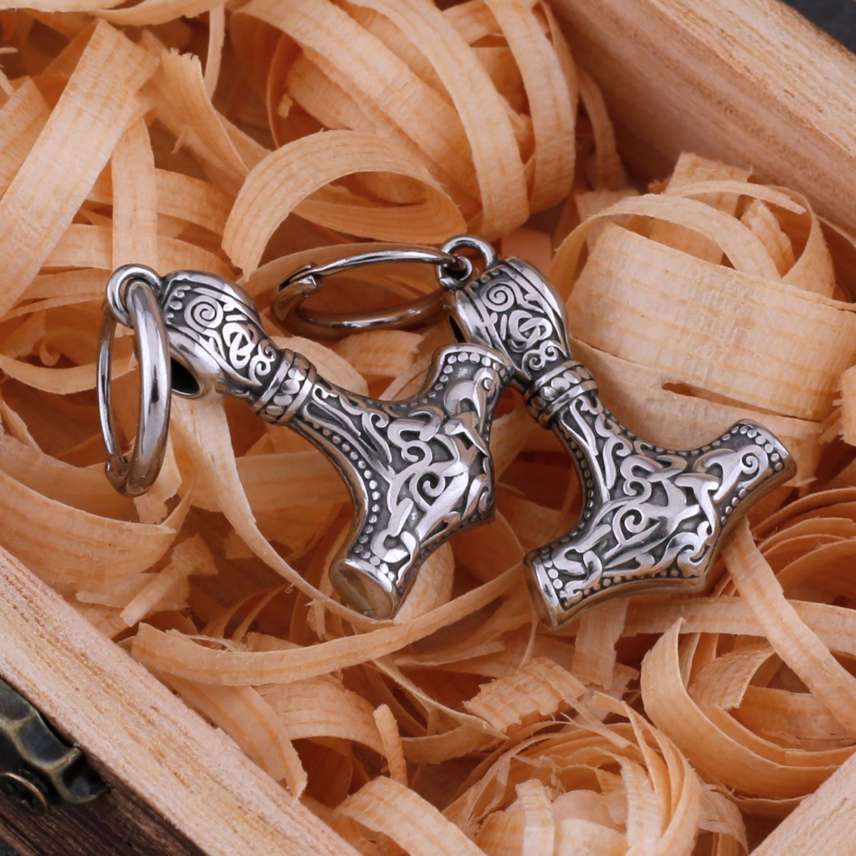 Stainless Steel Viking Thor's Hammer Dangle Hoop Earrings