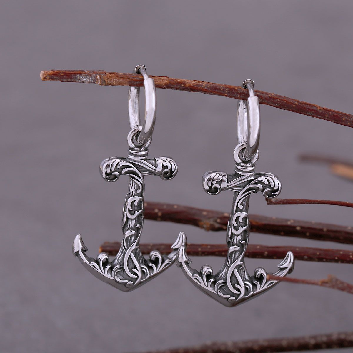 Vintage Viking Anchor Stainless Steel Drop Hoop Earrings