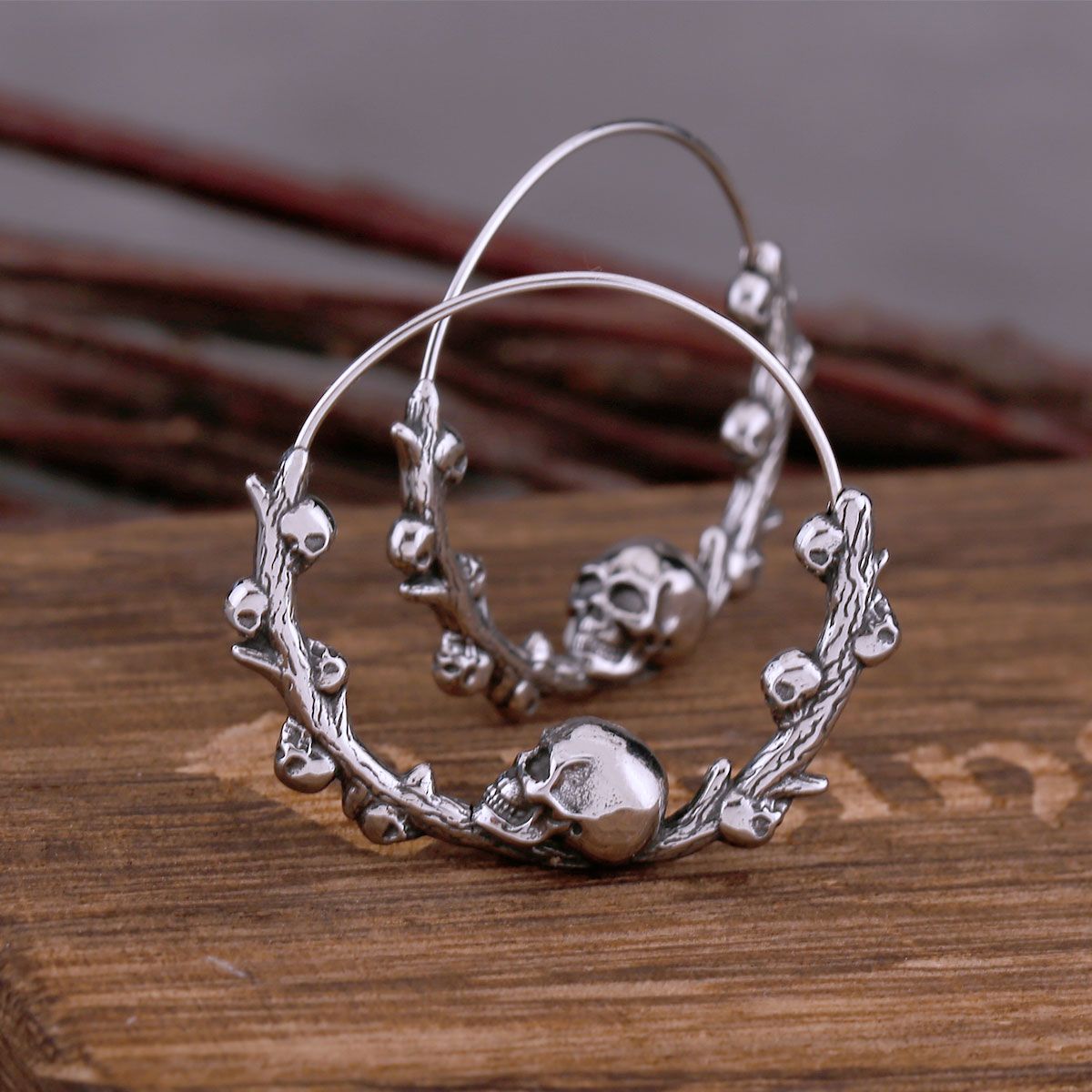 Gothic Skull Branch Stainless Steel Hoop Earrings