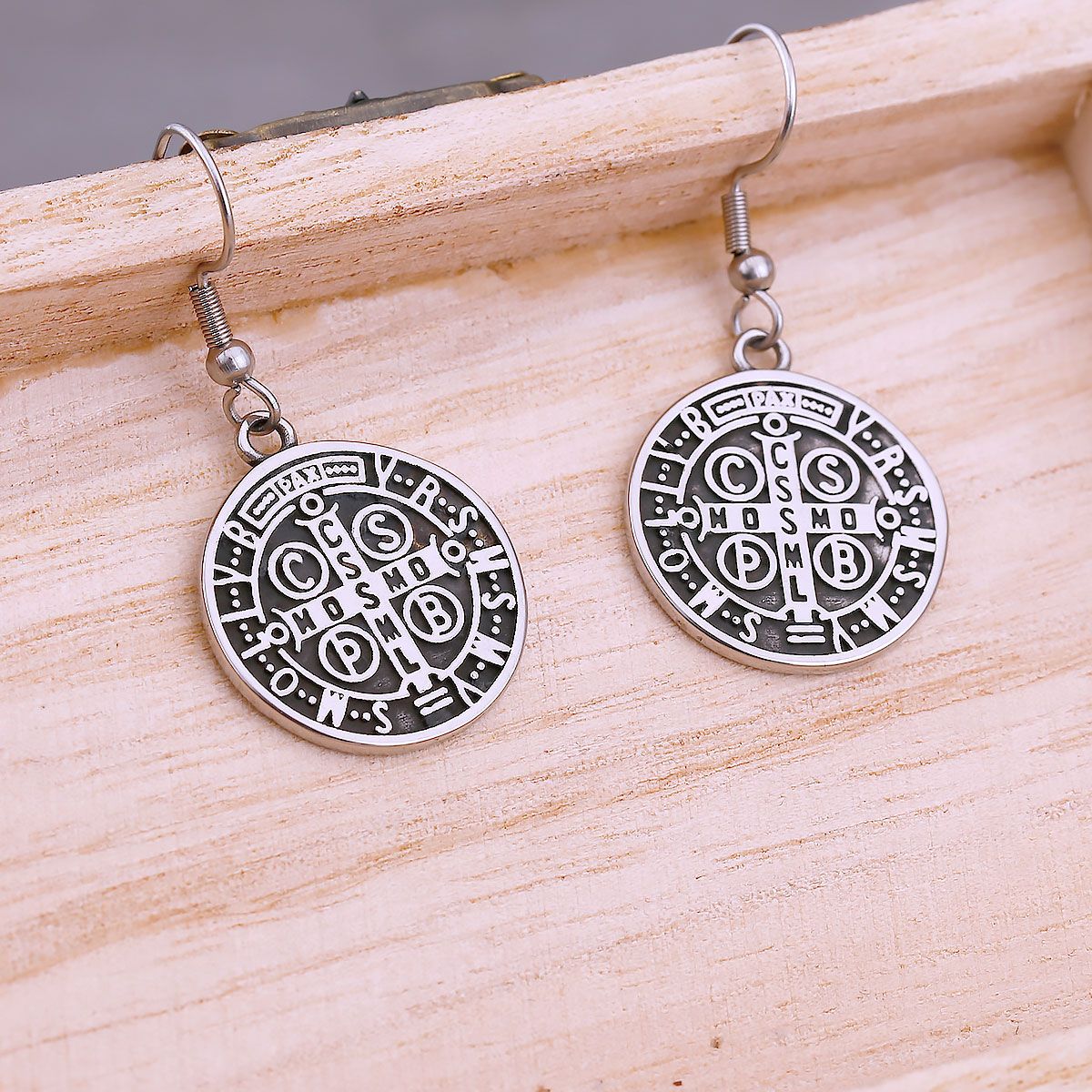 Stainless Steel Saint Benedict Medal Drop Earrings