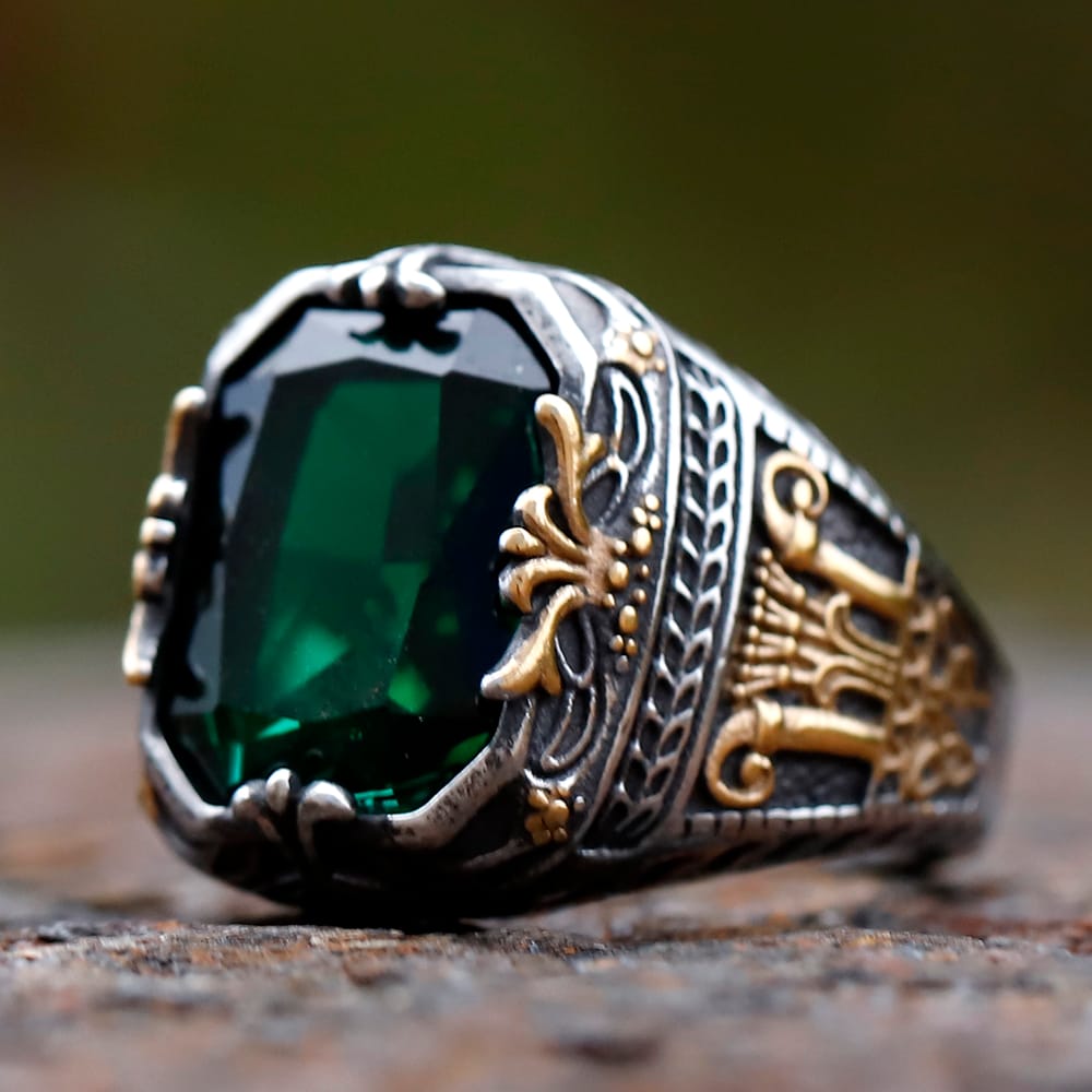Men's gothic stainless steel ring with emerald green faceted stone