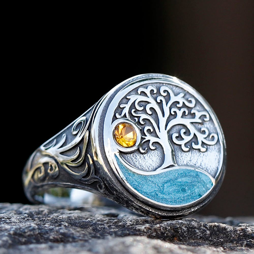 Vintage Viking Tree of Life Ring Yellow Zircon Epoxy