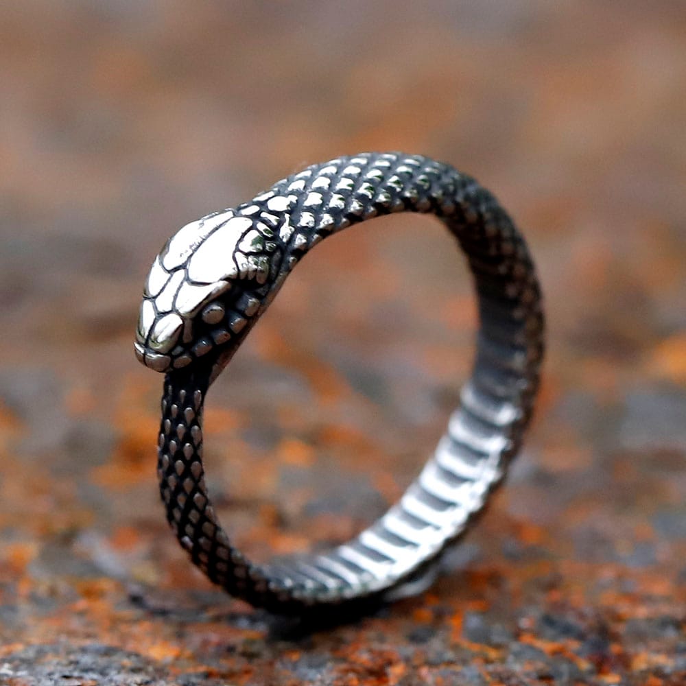 Full view of the Men's 316L stainless steel Viking snake ring.