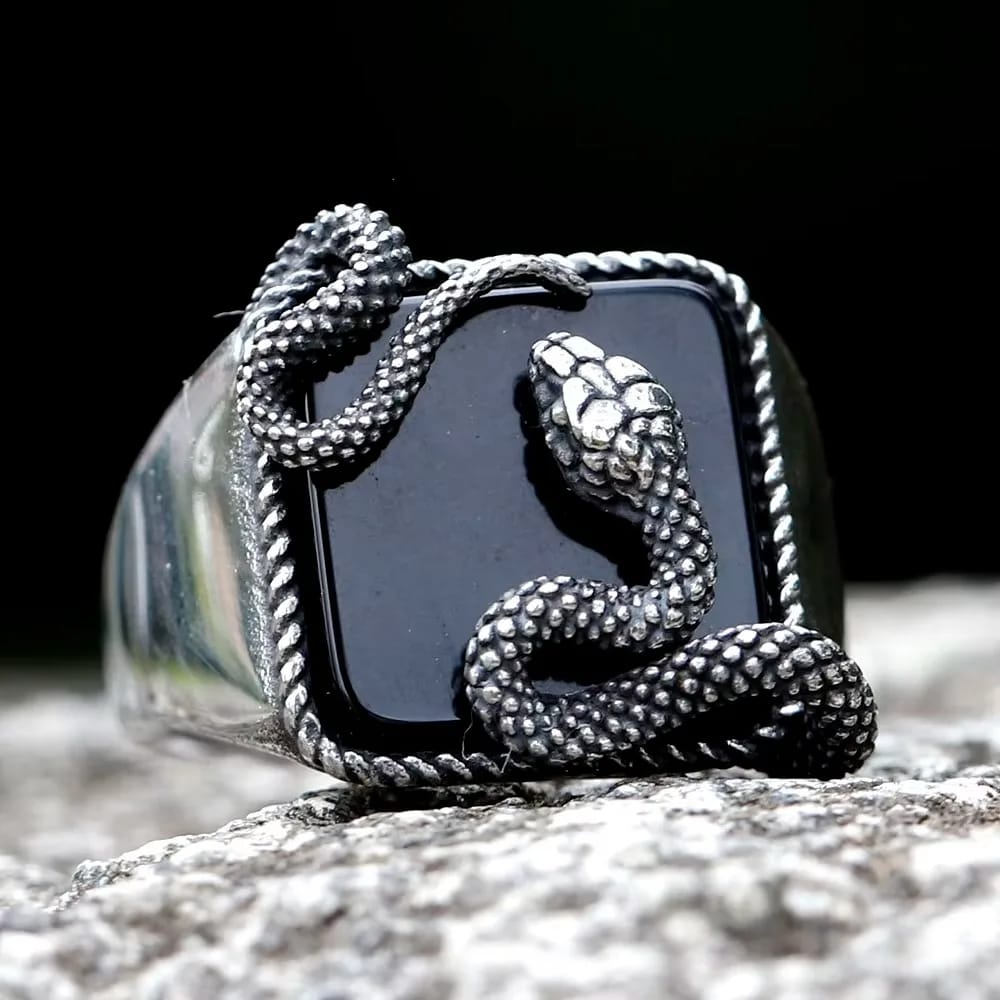 Men's Gothic Snake Black Stone 316L Stainless Steel Ring