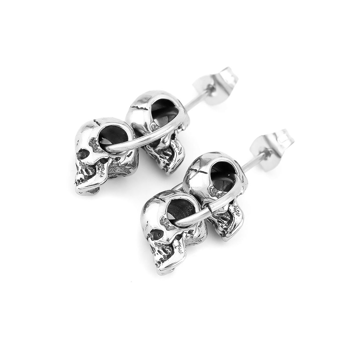Gothic Double Skull Drop Stud Earrings in Stainless Steel