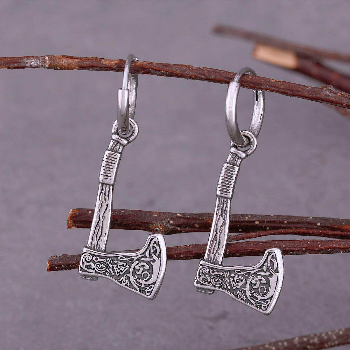 Viking Valknut Axe Stainless Steel Men's Drop Earrings