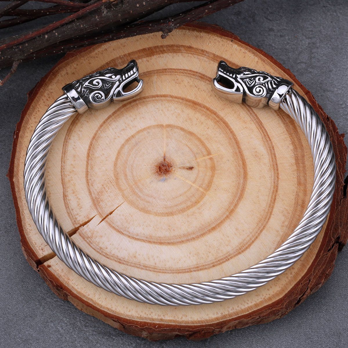Viking Dragon Head Twisted Torc Stainless Steel Cuff Bracelet