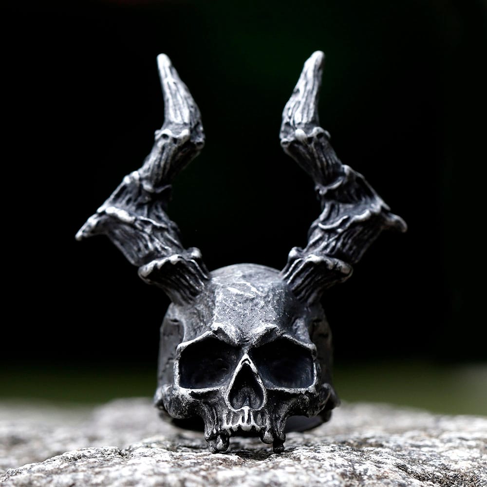 Men's Gothic Steel Skull Ring with Horns
