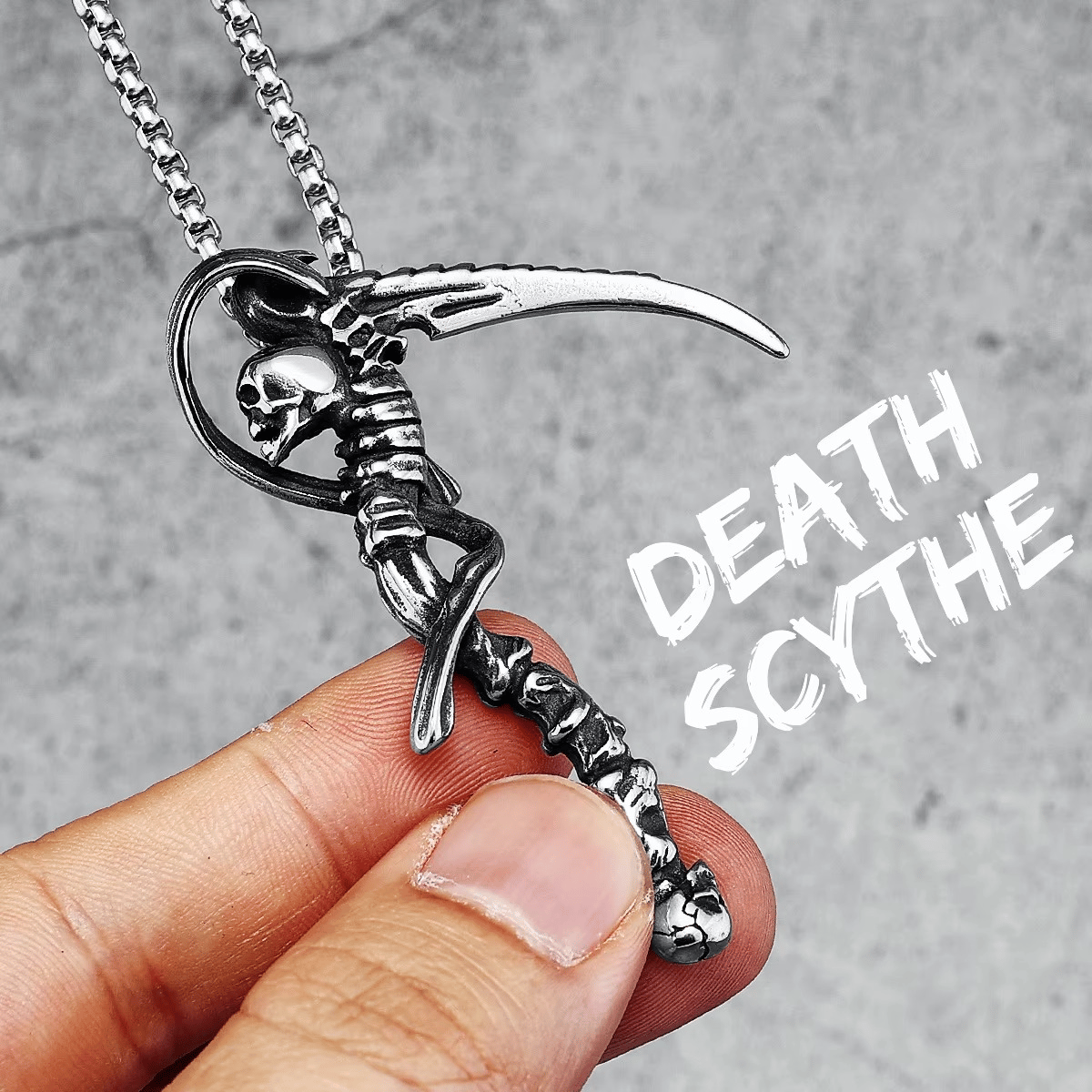 Gothic Skull Scythe Pendant Necklace in Stainless Steel