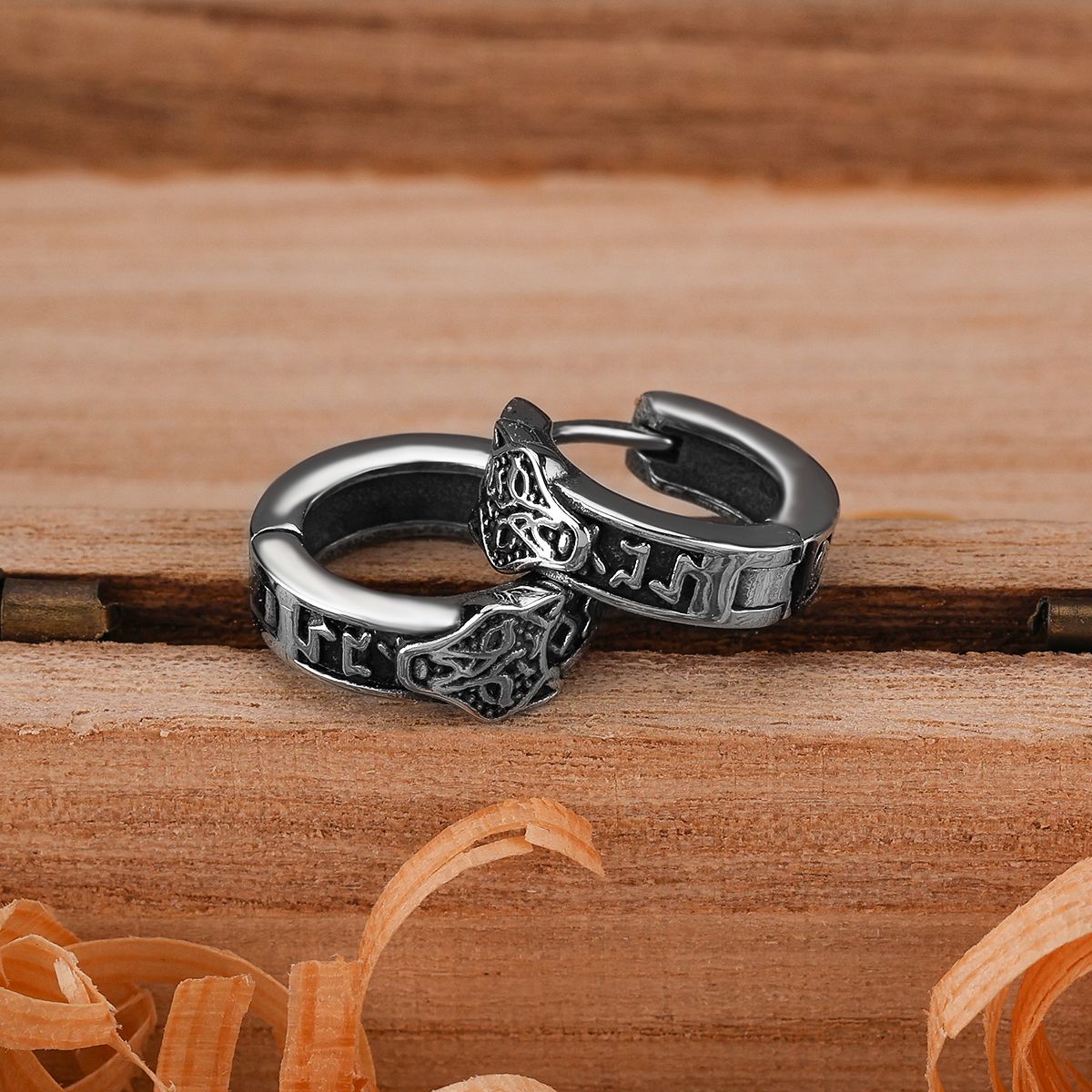 Stainless Steel Viking Wolf Head Rune Huggie Hoop Earrings