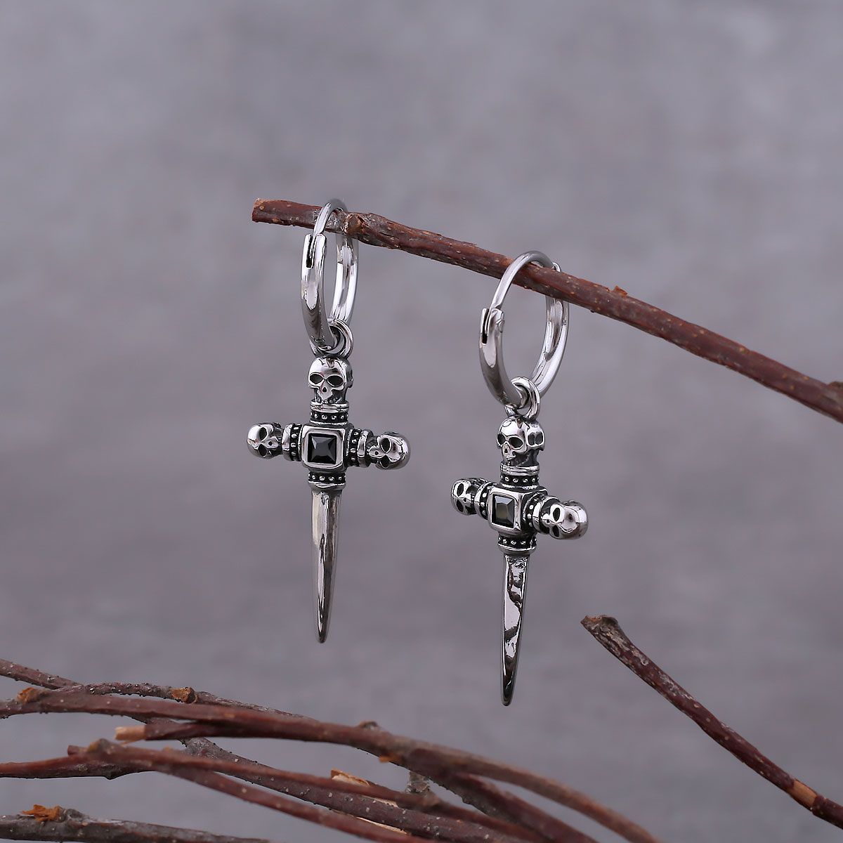 Gothic Skull Dagger Cross Drop Earrings Stainless Steel