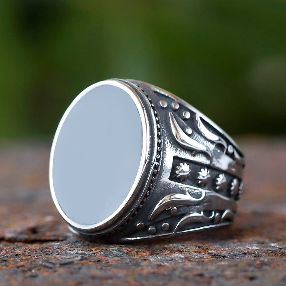 Men's Black Inlay Carved Stainless Steel Ring