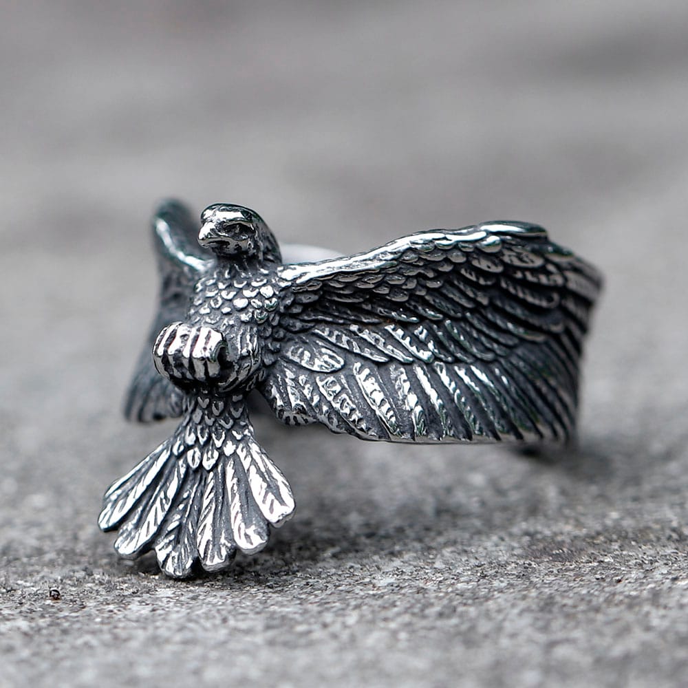 Front view of 316L stainless steel flying eagle ring showing detailed wings and head