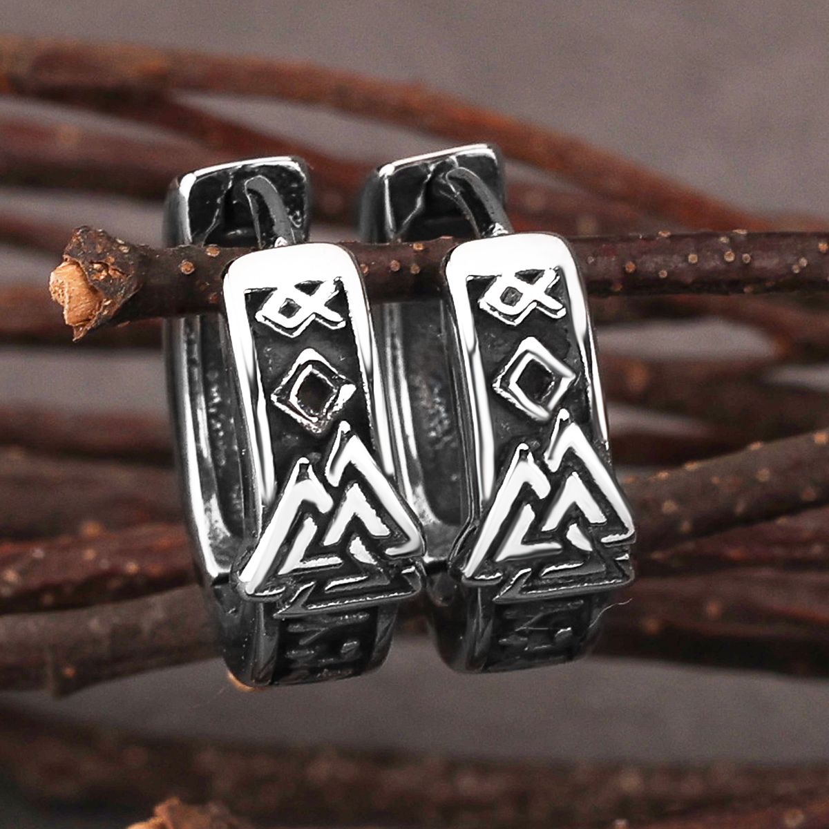 Viking Valknut and Rune Stainless Steel Hoop Earrings