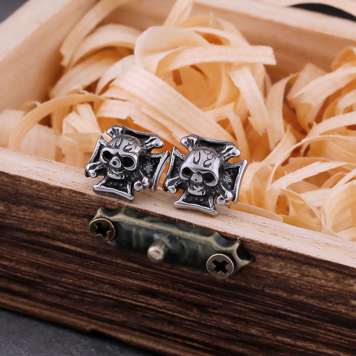 Gothic Iron Cross Skull Stud Earrings in Stainless Steel