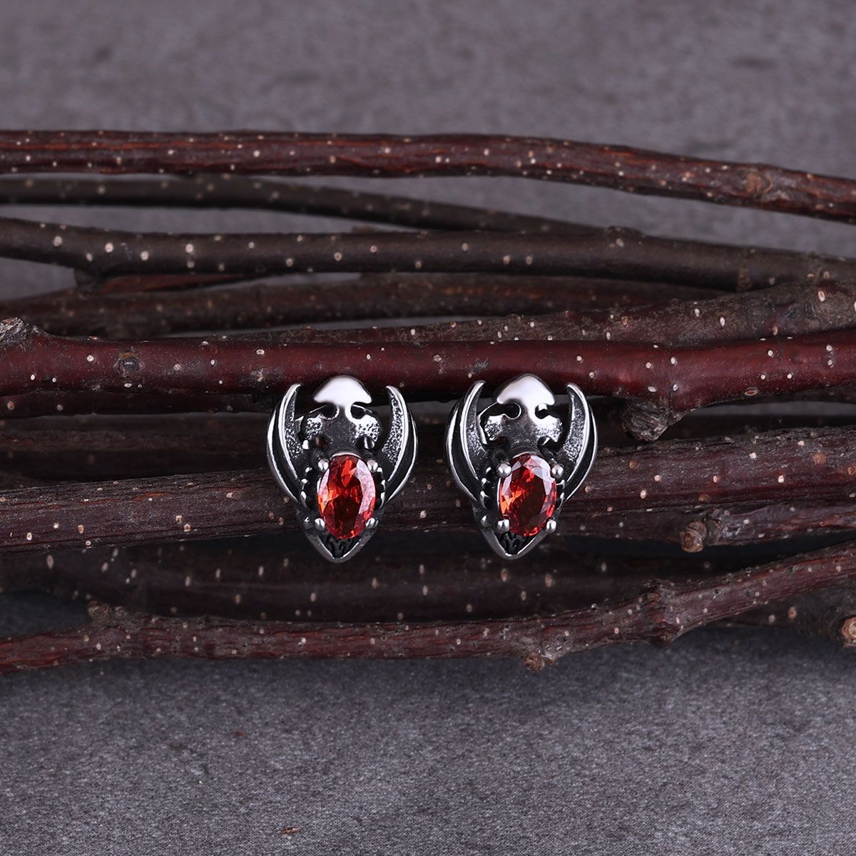 Gothic Winged Skull Red Gem Stainless Steel Stud Earrings