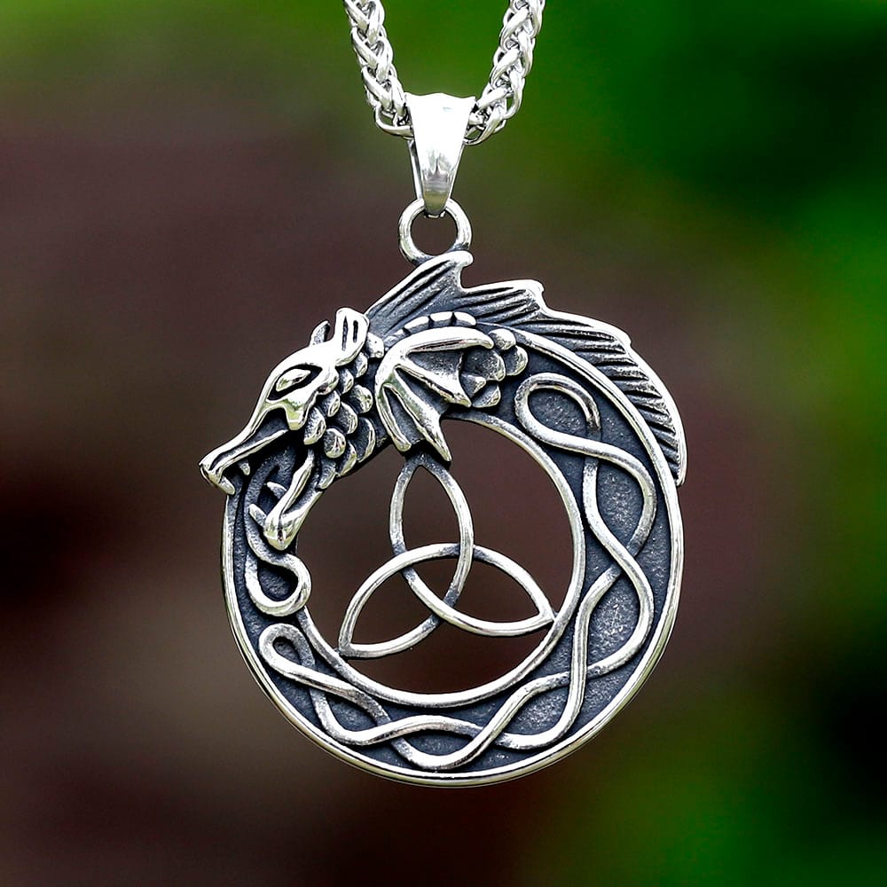 Viking Dragon Ouroboros Triquetra Pendant Stainless Steel Necklace