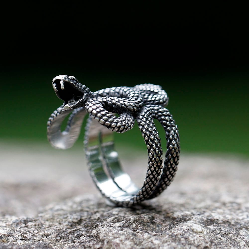 Men's 316L stainless steel snake ring with textured scales and open mouth, on a dark green and black background.