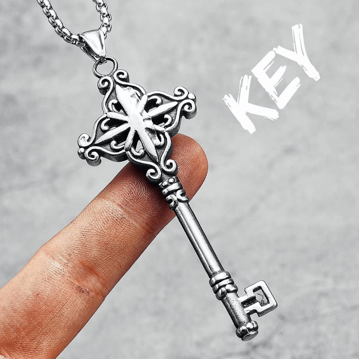 Ornate Key Stainless Steel Pendant Necklace