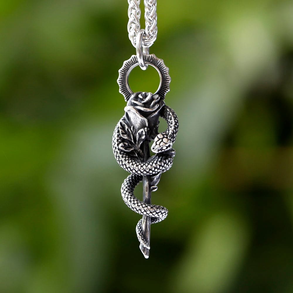 Gothic Snake and Rose Pendant Necklace in Stainless Steel