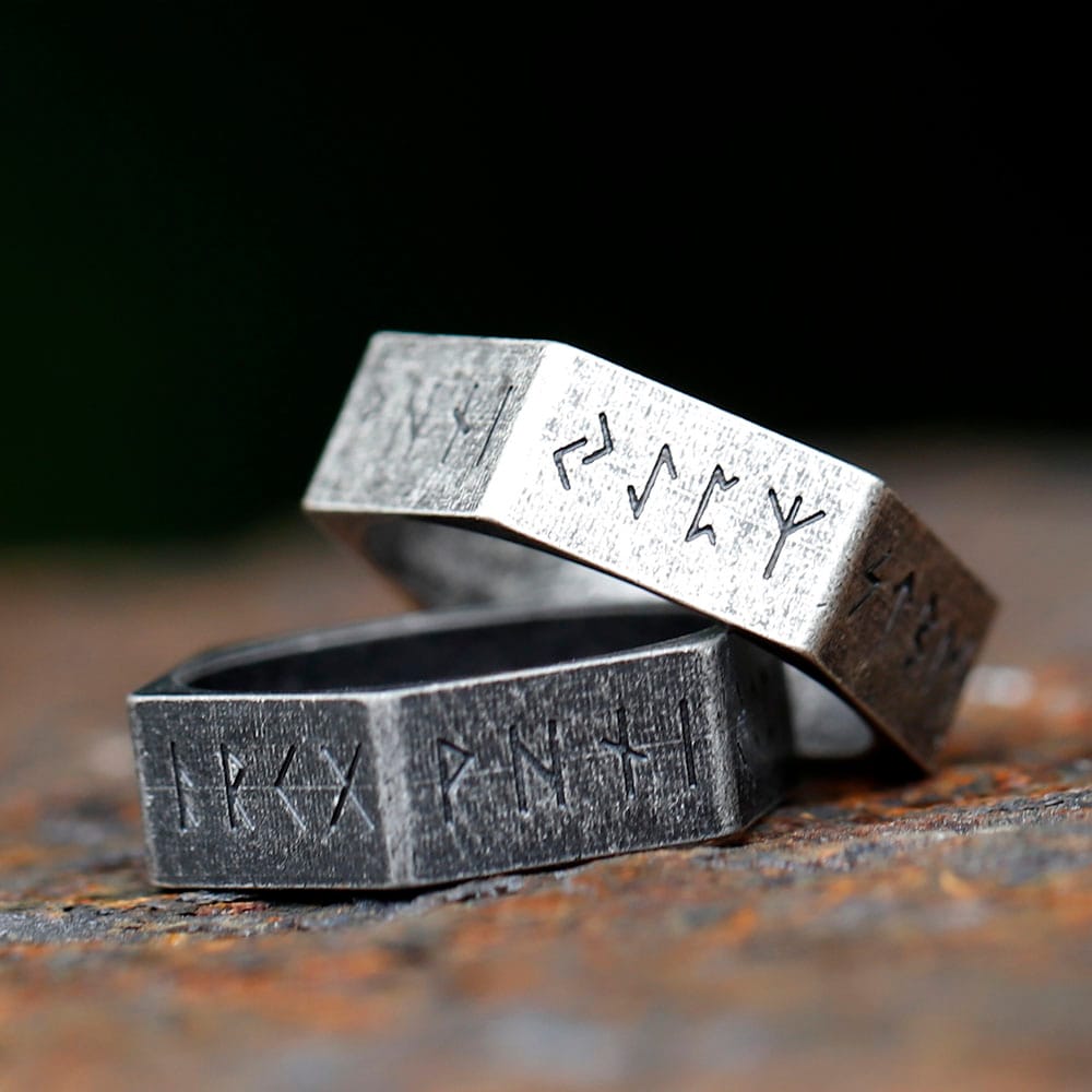 Side profile of the men's hexagon rune ring, showcasing the deep engravings and sturdy design.