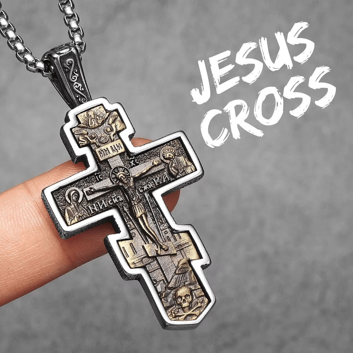 Two-Tone Orthodox Crucifix Stainless Steel Cross Pendant