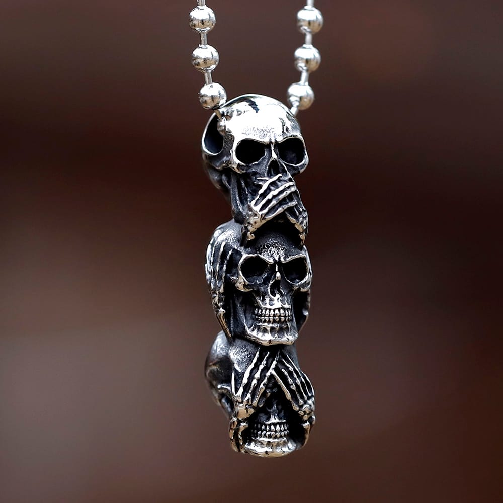 Gothic Three Wise Skulls Stainless Steel Pendant Necklace