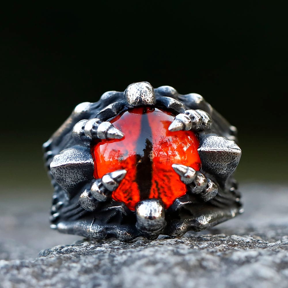 Men's stainless steel skull ring viewed from the side, showcasing the detailed band and sturdy construction.