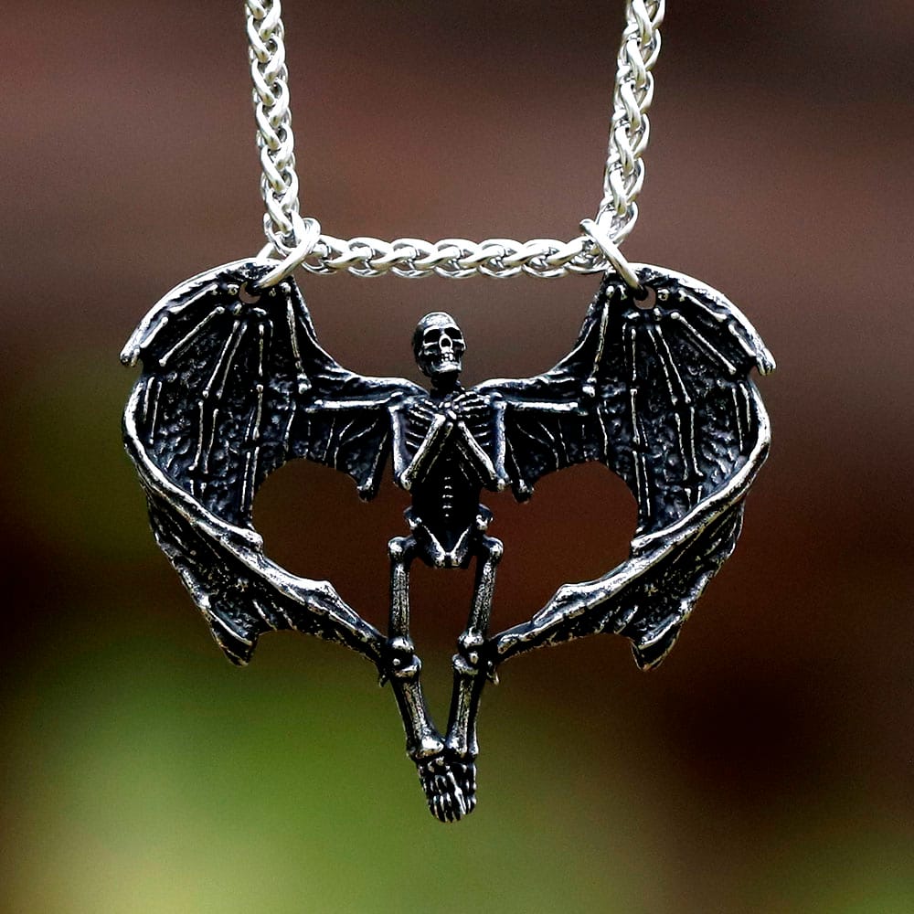 Stainless Steel Winged Skeleton Pendant Necklace