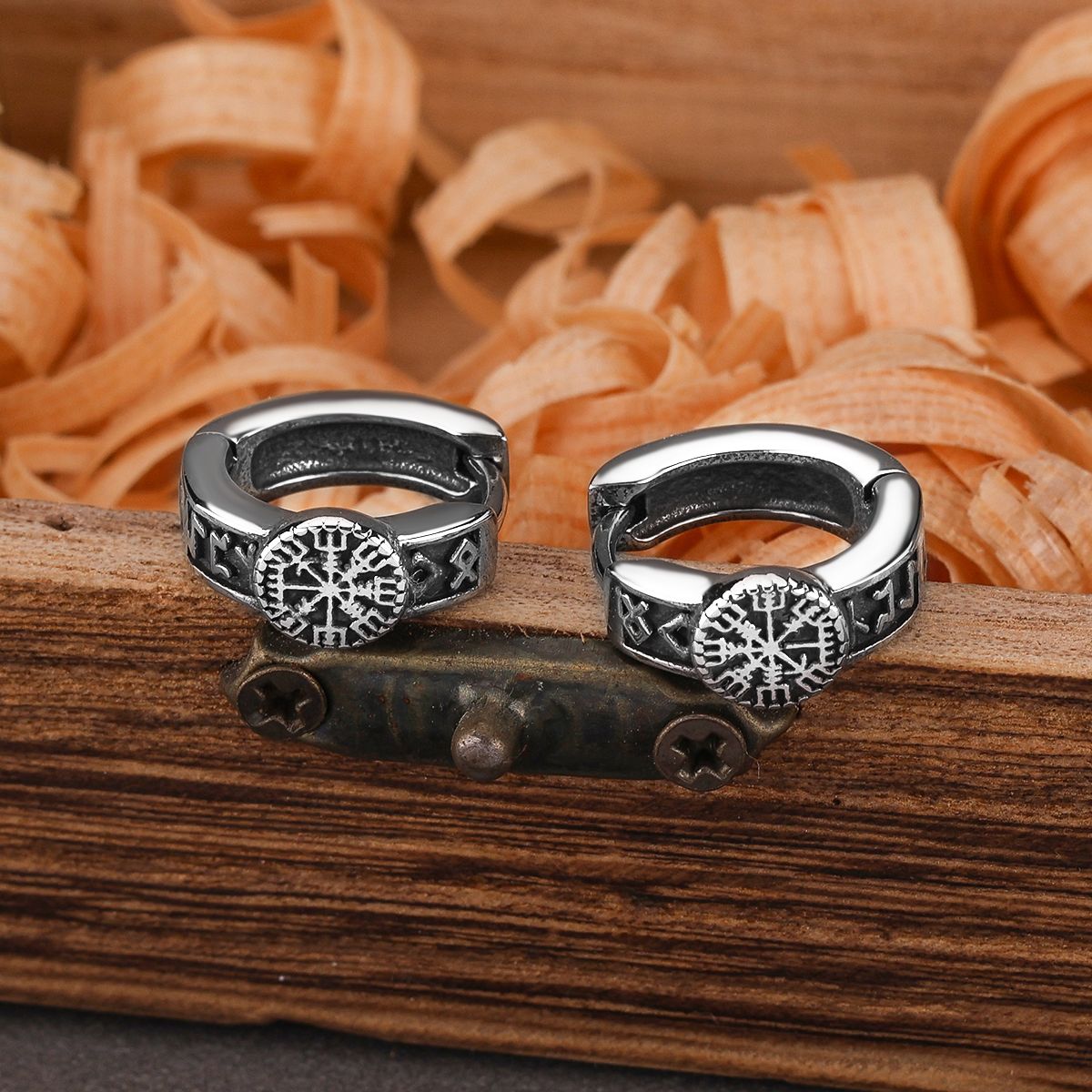 Viking Vegvisir Compass Rune Hoop Earrings Stainless Steel