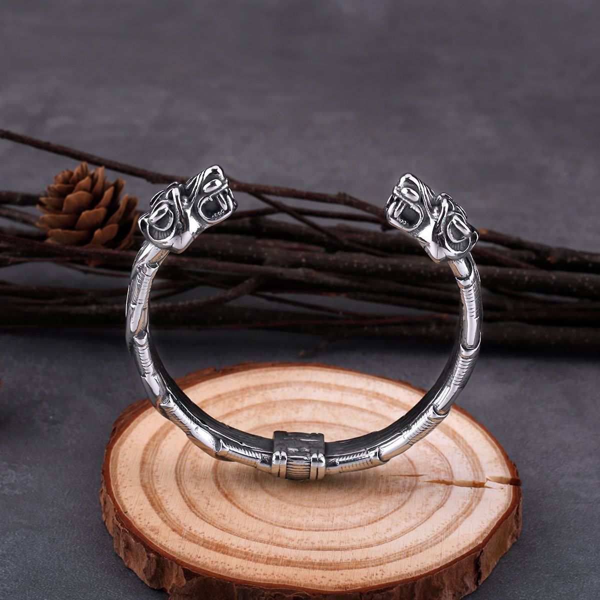 Viking Wolf Head Stainless Steel Cuff Bracelet
