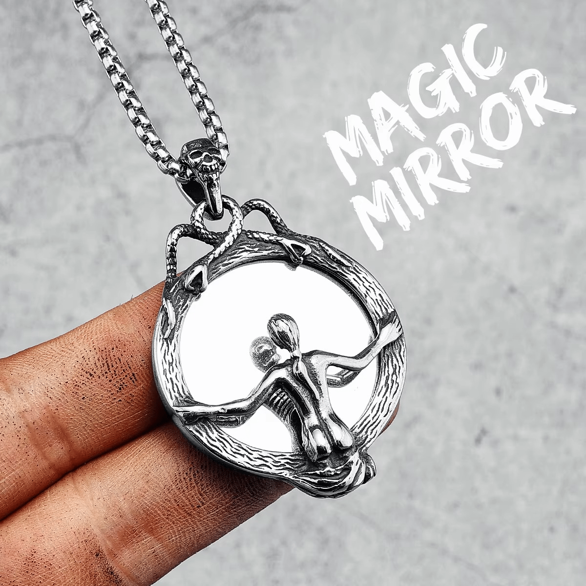 Gothic Magic Mirror Skull Stainless Steel Pendant Necklace