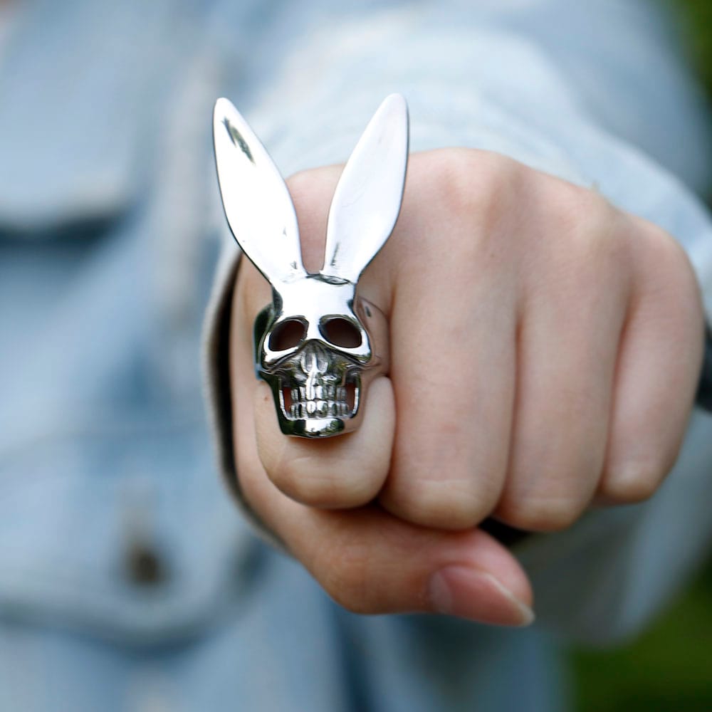 Stainless steel gothic skull rabbit ring worn on a hand for scale