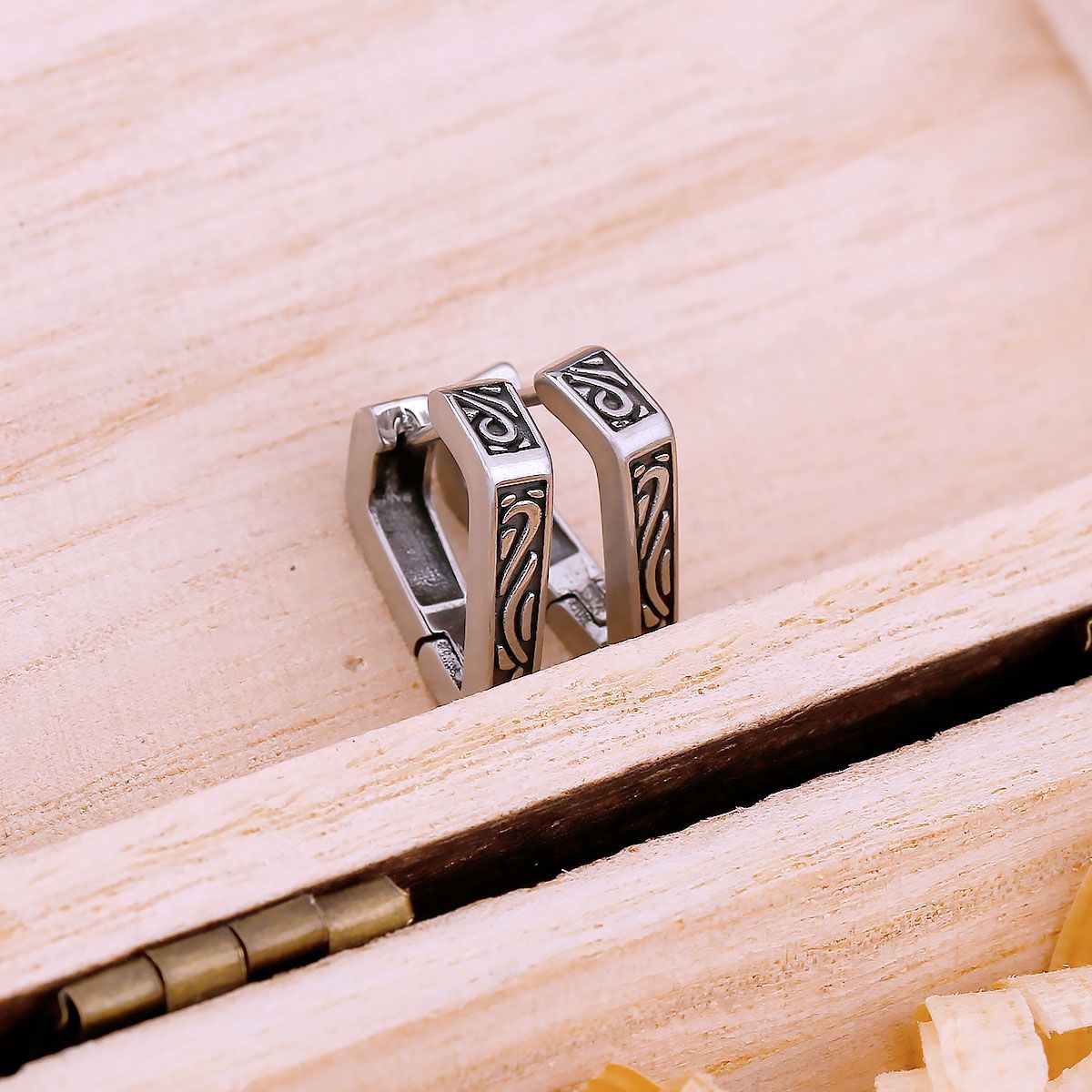 Norse Geometric Engraved Stainless Steel Huggie Hoop Earrings