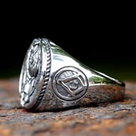 Detailed view of the wise owl design on the rugged 316L stainless steel Masonic ring.