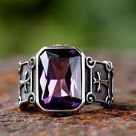 Angled perspective of the stainless steel gothic ring, highlighting both the purple stone and the side panel with the cross.