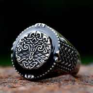 Front angled view of men's stainless steel Viking Yggdrasil Tree of Life signet ring