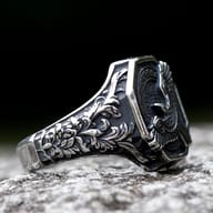 Overhead shot of the robust Viking eagle ring, showcasing its dark contrasting finish.