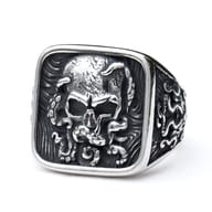 Full view of the men's punk rock skull ring, displaying its substantial presence and overall design from another angle.