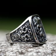 Angled close-up of the square ring face with the skull design and surrounding reptilian or tentacle-like elements.